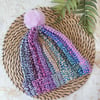 Crochet Hat Beanie Faux Fur Pompom Chunky Rainbow Yarn