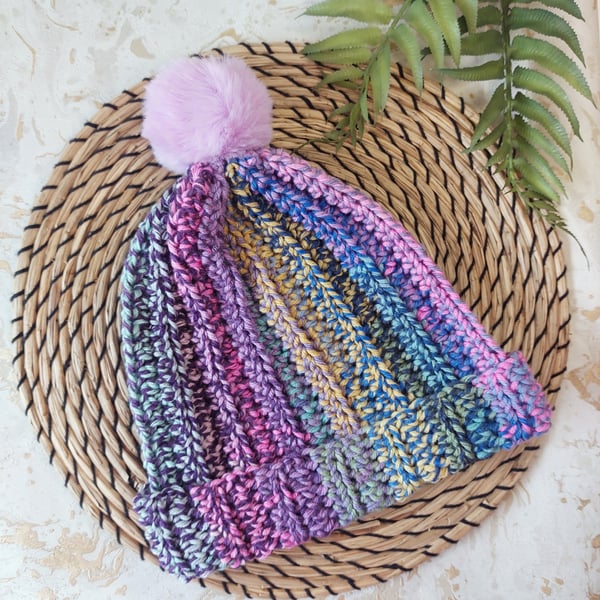 Crochet Hat Beanie Faux Fur Pompom Chunky Rainbow Yarn