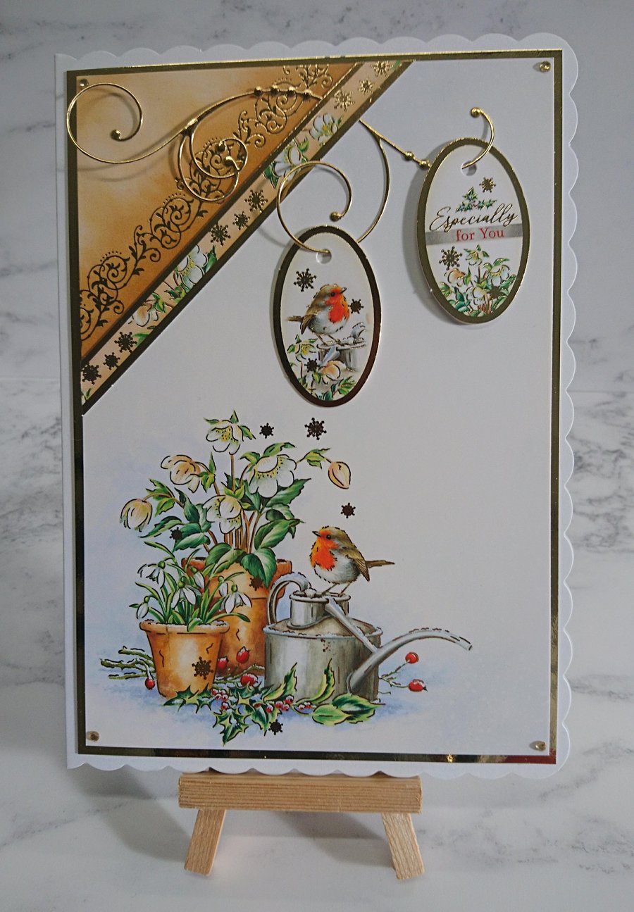 3D Luxury Handmade Christmas Card Especially for You Robins Watering Can Flowers