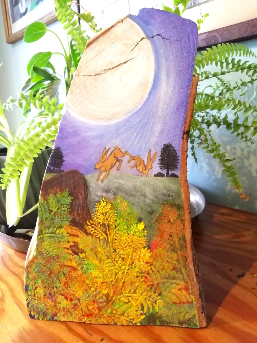 HARES DANCING IN THE MOON LIGHT ON A HILL WOODEN SCULPTURE ORNAMENT ART PAINTING