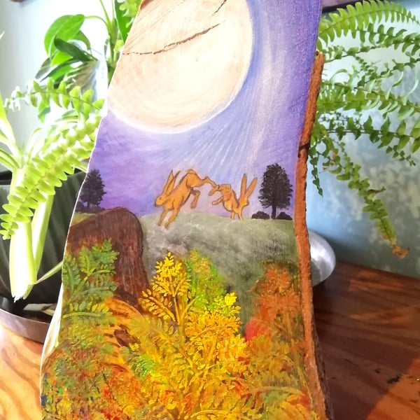HARES DANCING IN THE MOON LIGHT ON A HILL WOODEN SCULPTURE ORNAMENT ART PAINTING