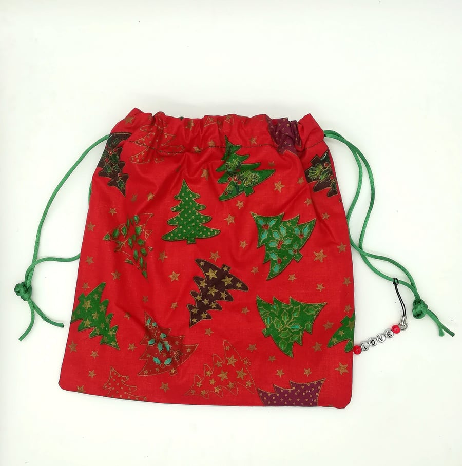 Red Christmas  print bag-drawstrings & charm dangle-gift  bag,stocking filler