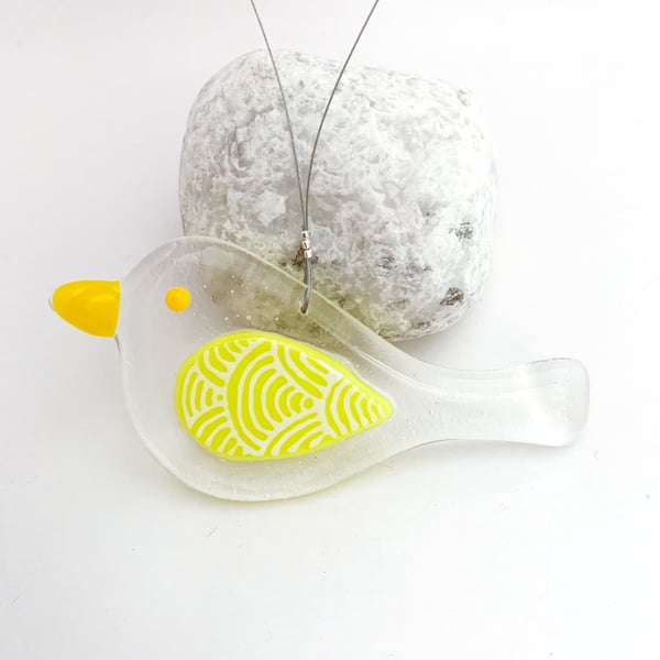 Fused Glass Yellow Bird Hanging - Handmade Glass Suncatcher
