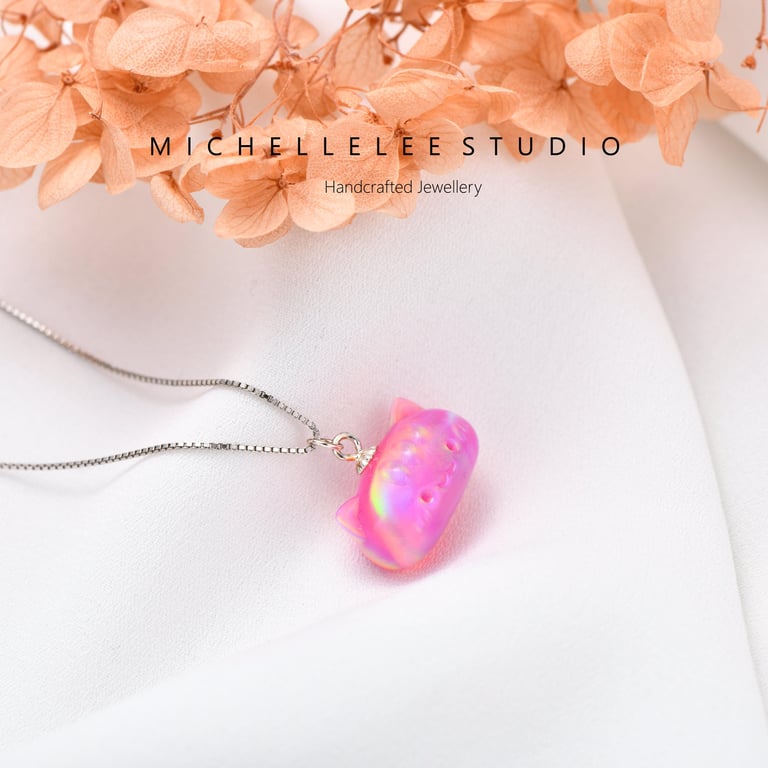 Large Pink  3D Fire Opal Cat Necklace with 925 Sterling Silver Chain