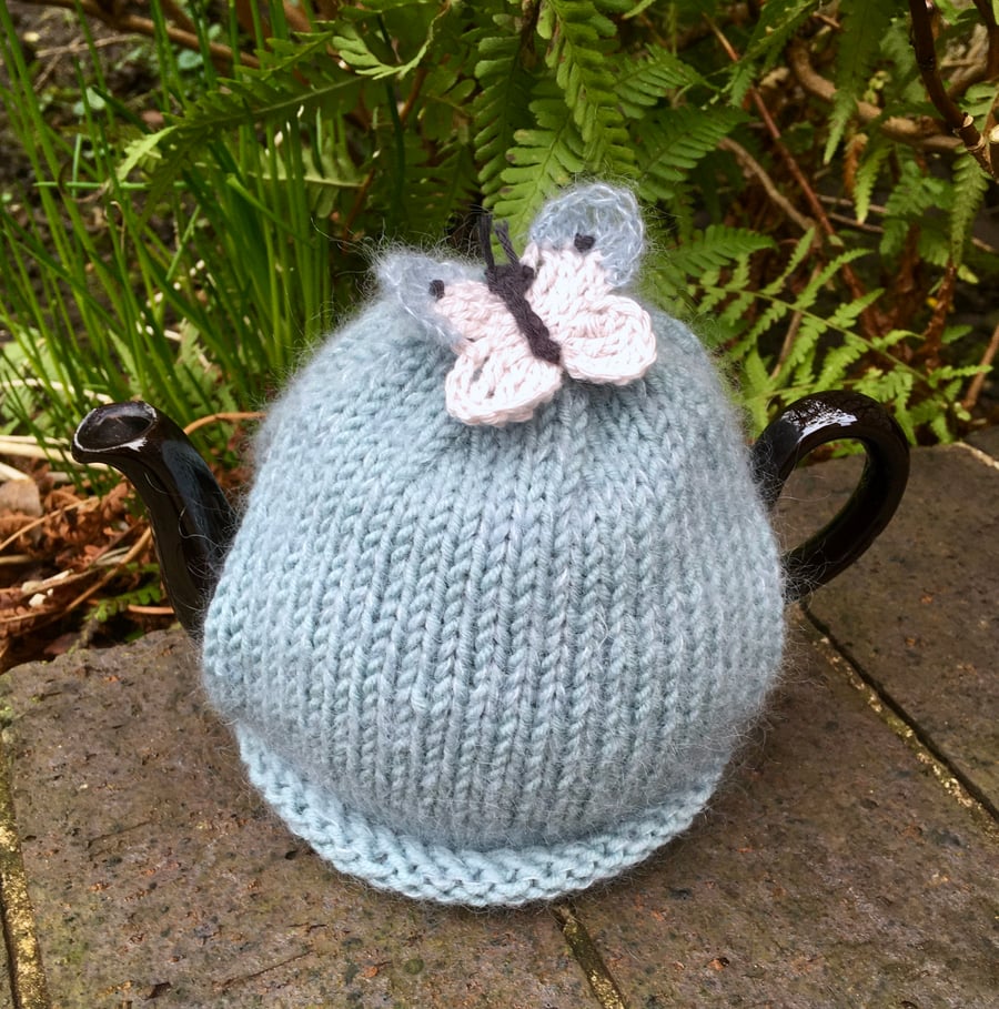 Mohair Butterfly One Cup Tea Cosy, Small Duck Egg Merino Tea Cozy