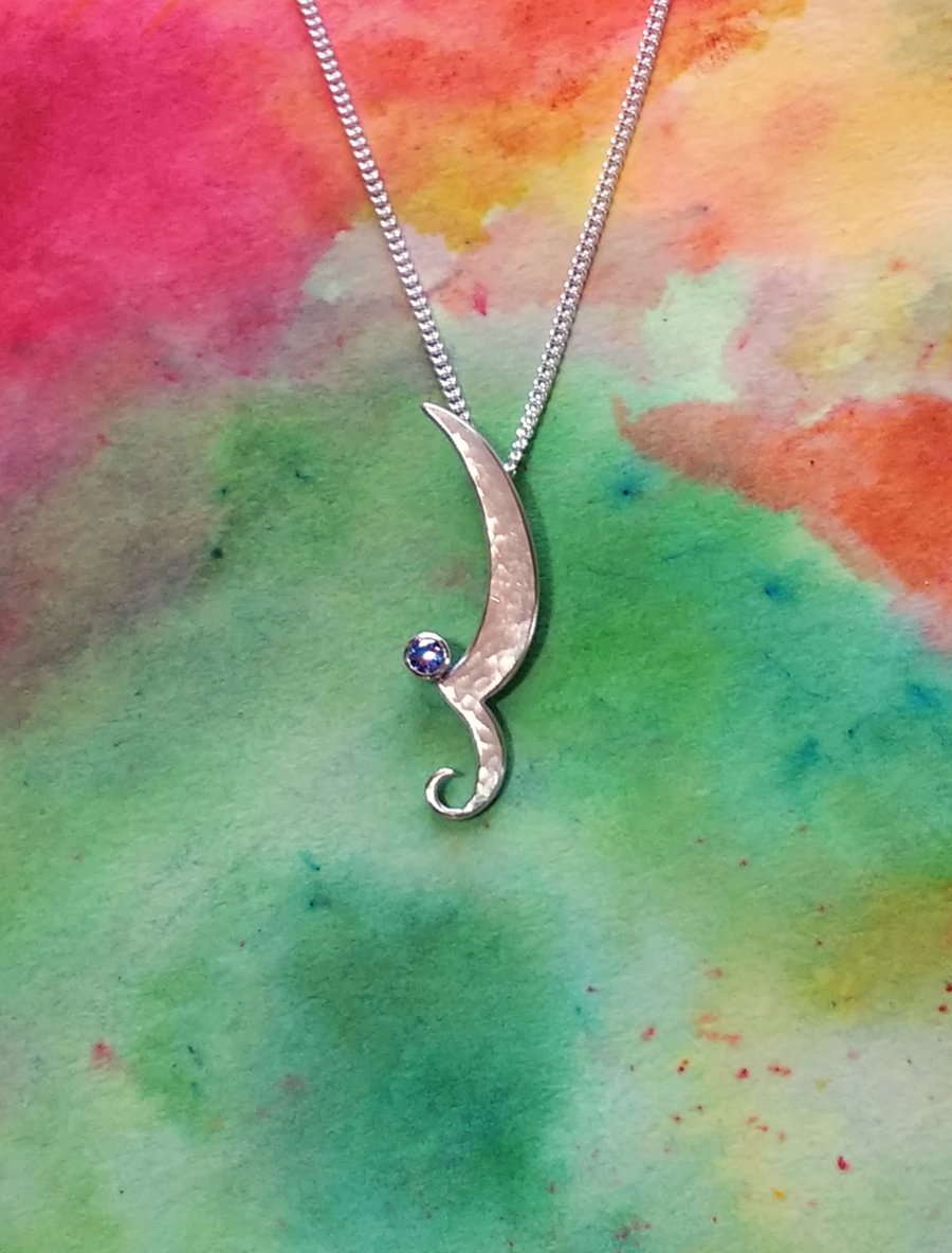 Unique Silver Pendant, 3mm Blue Cubic Zirconia, Sterling Silver Chain