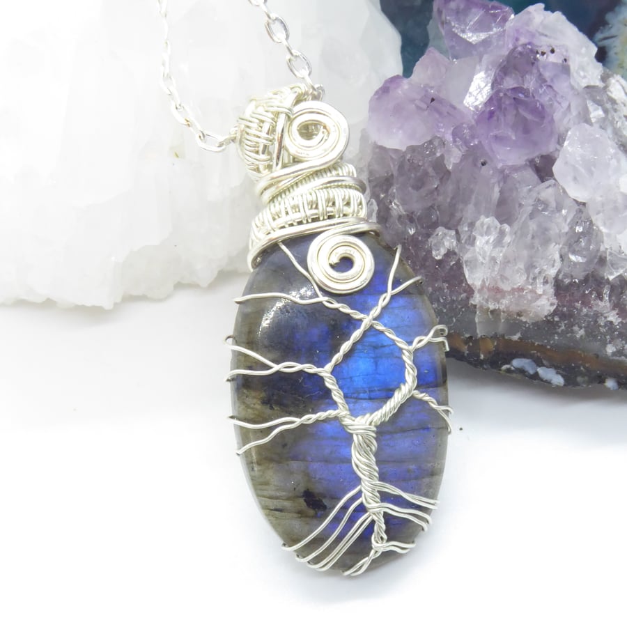 Blue Flash Labradorite Tree of Life Pendant (silver coloured wire wrapping) 