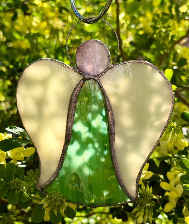 Stained Glass Bell Angel Decoration - Swirling leaf green with creamy wings