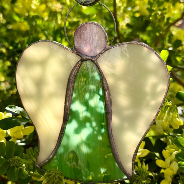 Stained Glass Bell Angel Decoration - Swirling leaf green with creamy wings