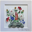 Handmade Sea Glass Wildflower Garden Picture - Framed 8x8 Multi-Color Pebble Art