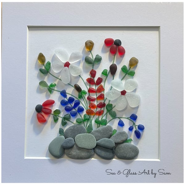 Handmade Sea Glass Wildflower Garden Picture - Framed 8x8 Multi-Color Pebble Art