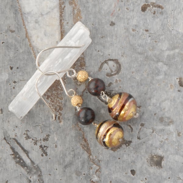 Gold and brown murano glass sterling silver earrings