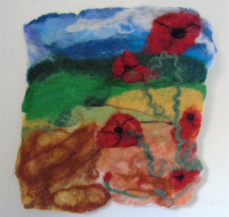 Poppies, wet felted with added needle felt details - ready for framing