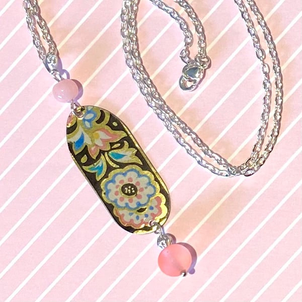Recycled vintage tin oblong black, pink and blue floral beaded pendant necklace