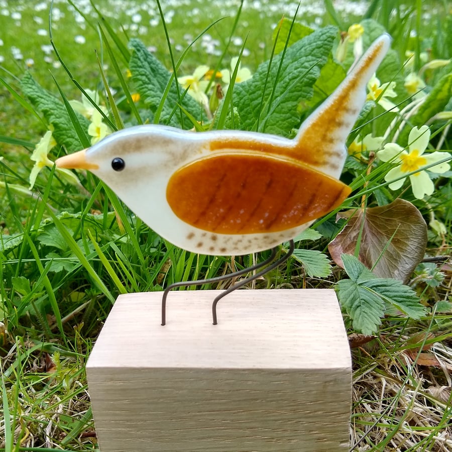 fused glass wren on wooden stand