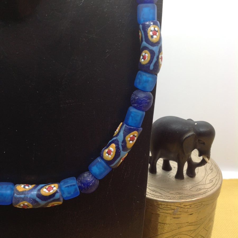 Chunky African blue bead necklace