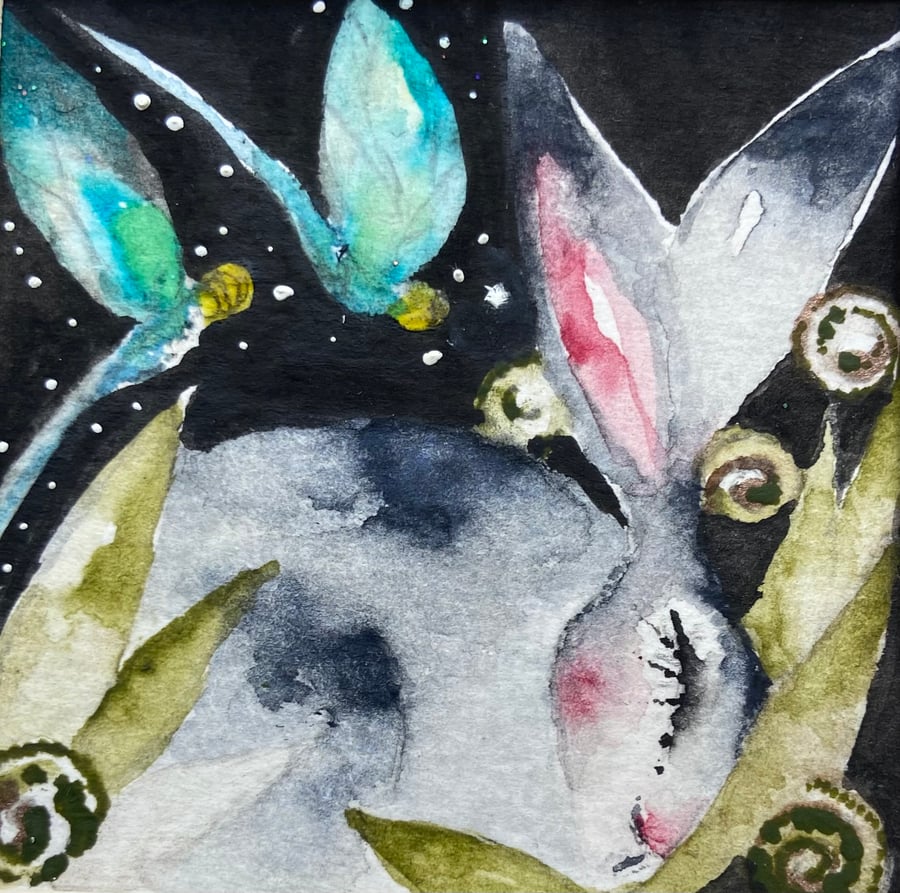 ACEO Original Hare Rabbit with Dragonflies Watercolour 