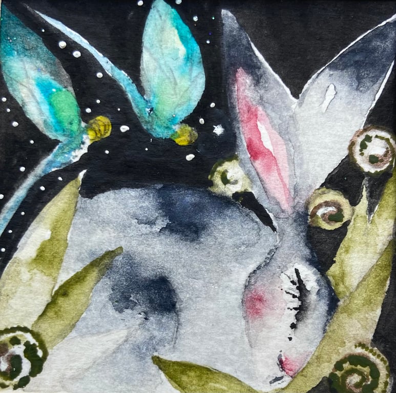 ACEO Original Hare Rabbit with Dragonflies Watercolour 