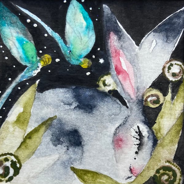 ACEO Original Hare Rabbit with Dragonflies Watercolour 