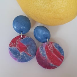 Round blue and pink drop earrings