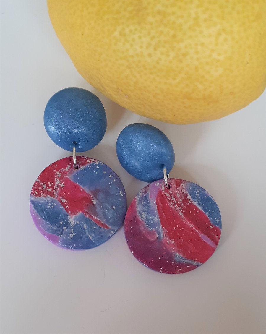 Round blue and pink drop earrings