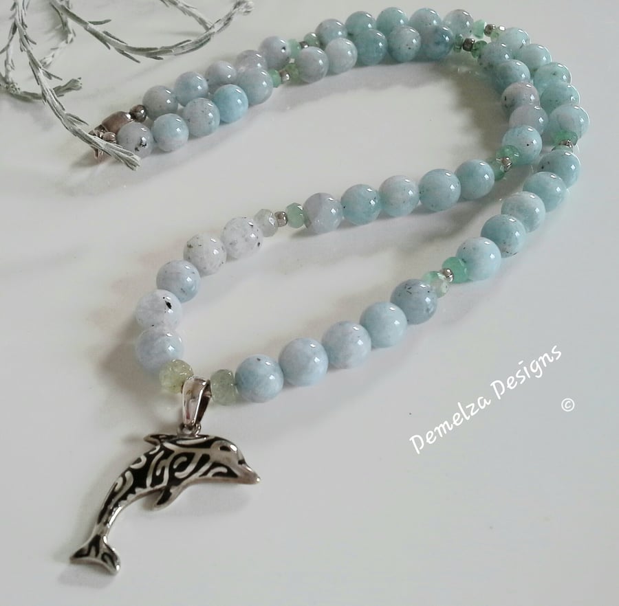 A Grade Brazilian Aquamarine & Emerald Sterling Silver Dolphin Necklace