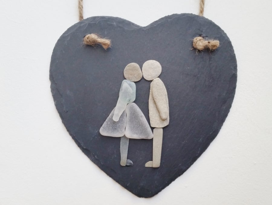 Pebble Art Kissing Couple, Sea Glass Art Romantic Anniversary Gift for Couples