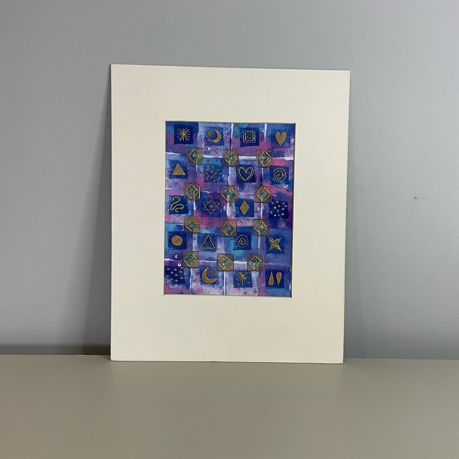 Moon, Diamond and Stars Embroidery. Hand stitched Art work. Textiles art. Origin