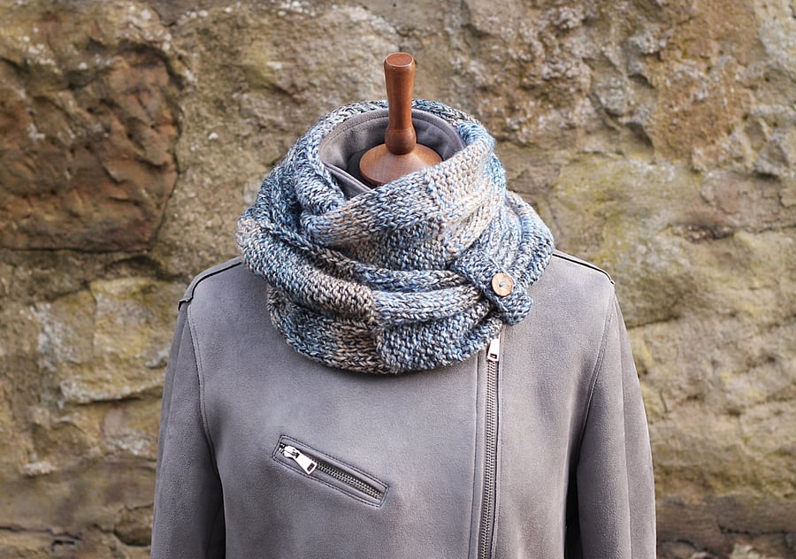 SCARF, knitted infinity loop scarf, chunky blue grey beige mix womens cowl