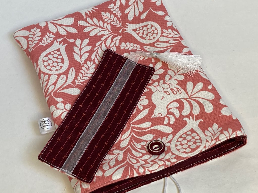 Book sleeve and bookmark. Gift for book-lover. Coral and burgundy.