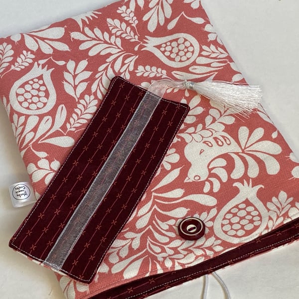 Book sleeve and bookmark. Gift for book-lover. Coral and burgundy.
