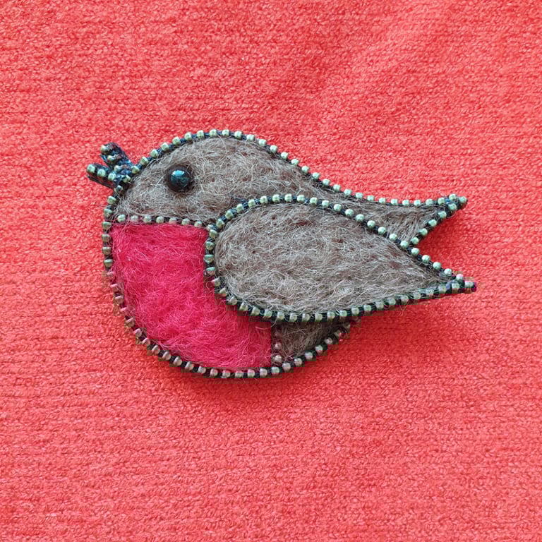 Hand Felted Robin Brooch With Zip Edge Outline