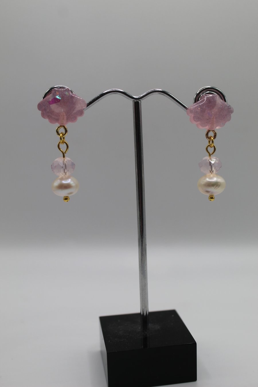 Lilac Shell Stud Earrings with Pearl Charms – Handmade Resin Jewellery