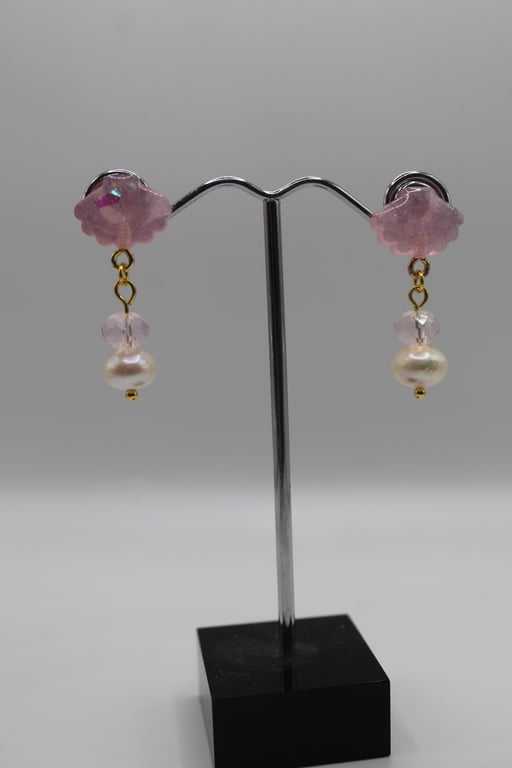 Lilac Shell Stud Earrings with Pearl Charms – Handmade Resin Jewellery