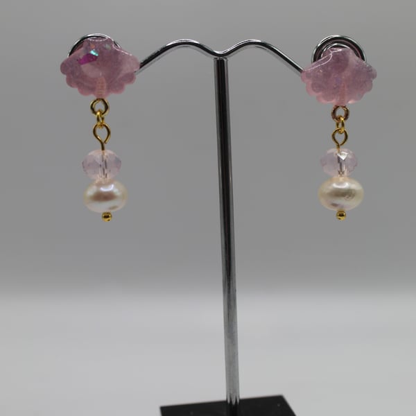 Lilac Shell Stud Earrings with Pearl Charms – Handmade Resin Jewellery