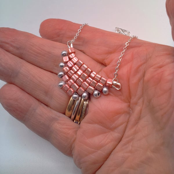 Hand Sewn Metallic Pink and Silver Beaded Pyramid Necklace, Gift for Her