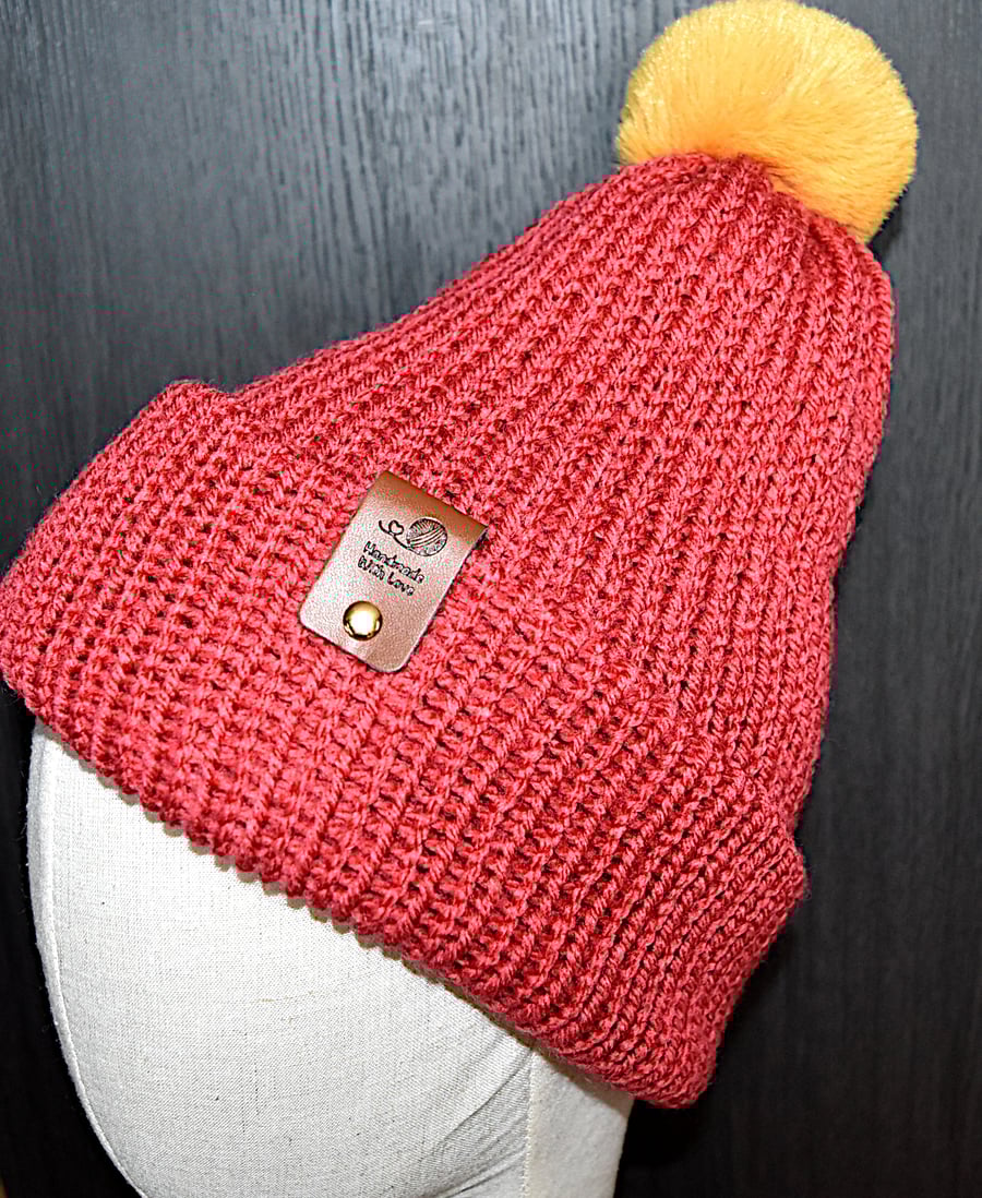 Handcrafted Hat with Faux Rabbit Fur Pompom Berry Coloured