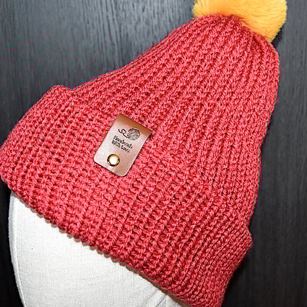 Handcrafted Hat with Faux Rabbit Fur Pompom Berry Coloured