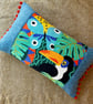 Toucan tapestry cushion cover with vintage wool and pompoms - Image 4