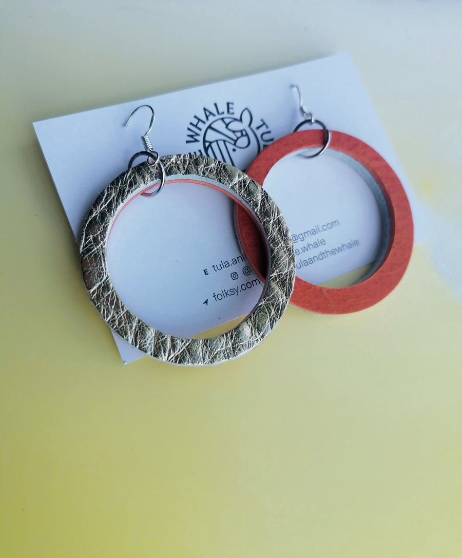 Colour Duo Leather Hoop Earrings - Orange & Gold Large