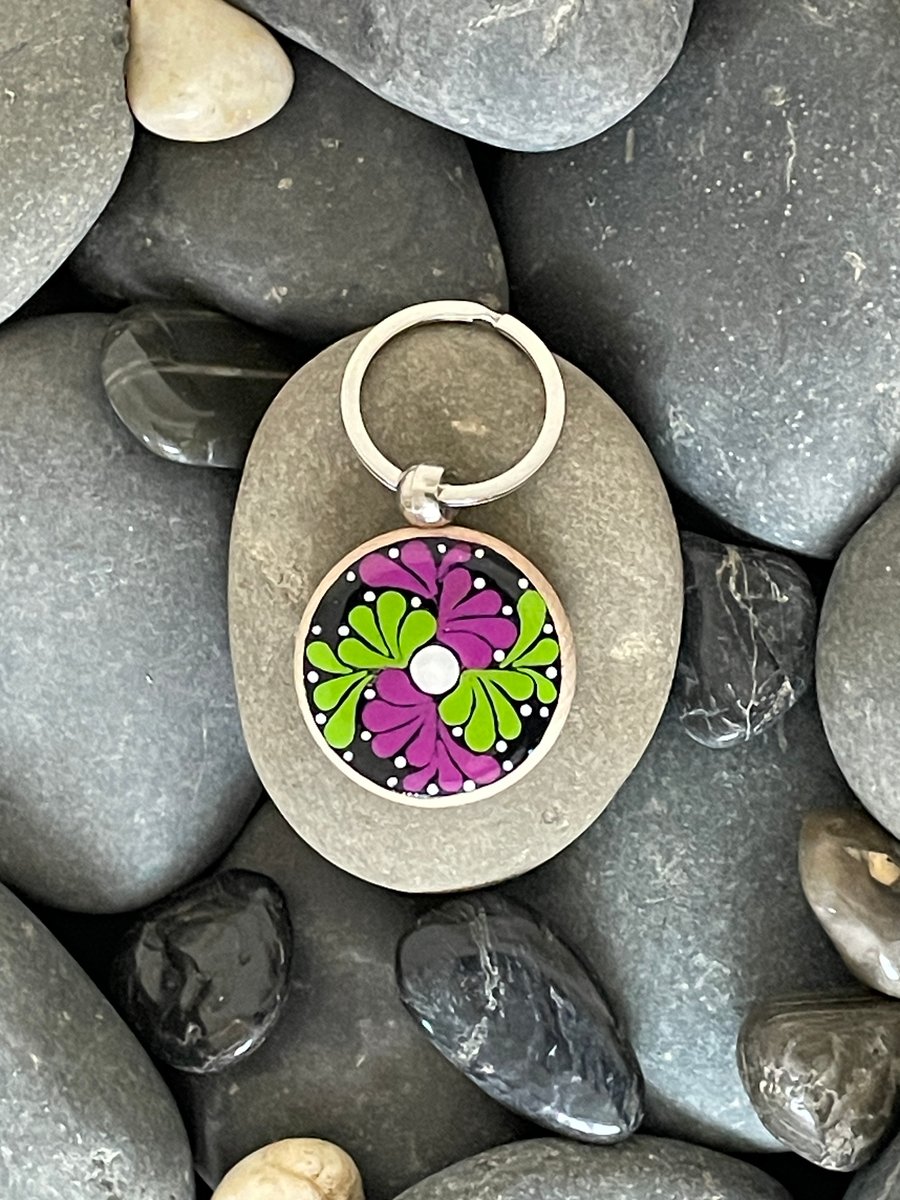 Hand Painted Keyring Mandala Acrylic Painting on Wood Original & Unique