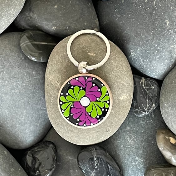 Hand Painted Keyring Mandala Acrylic Painting on Wood Original & Unique