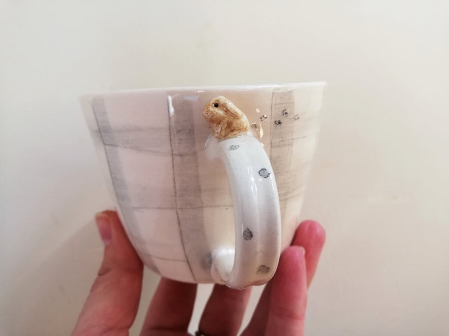 Bunny cup with grey gingham and spots tiny rabbit & pawprints, pet lover gift