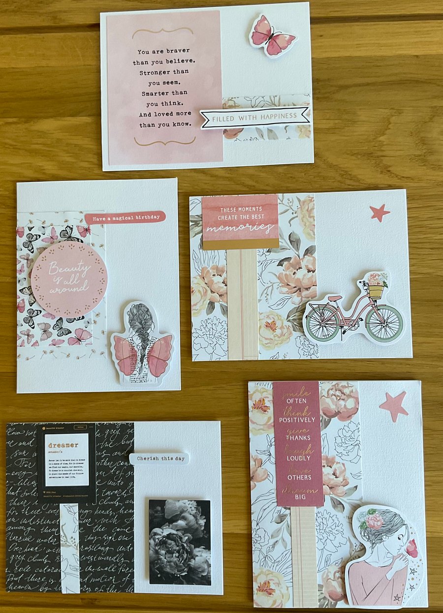 Cards. A set of five handmade decoupage greeting cards for him or her