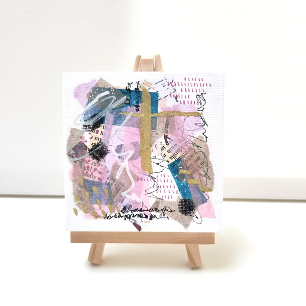 Small Abstract Art On Canvas. Pinks, blues,golds. Harmonising colourful painting