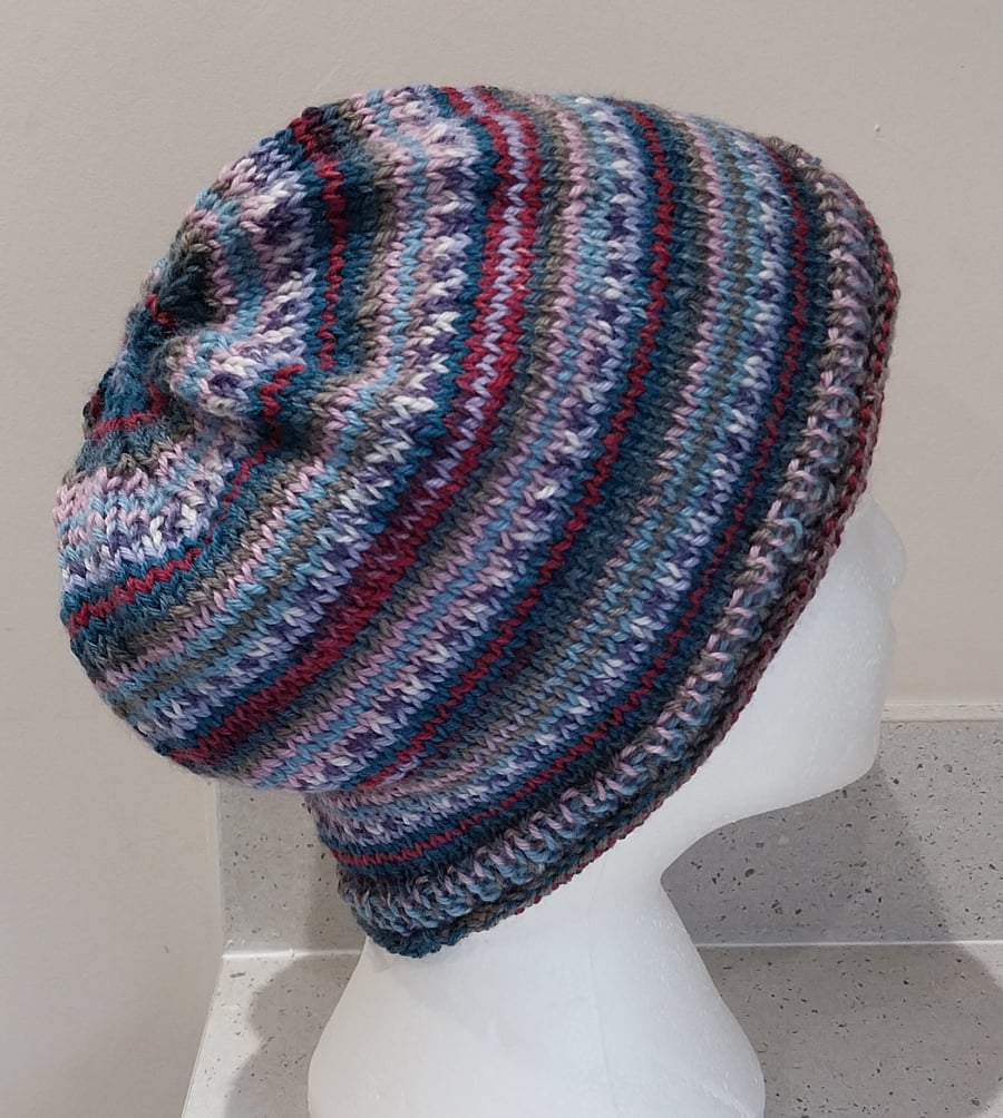 Handknit Beanie Hat 100% MERINO Stripey jacquard in purples, pastels & red Med