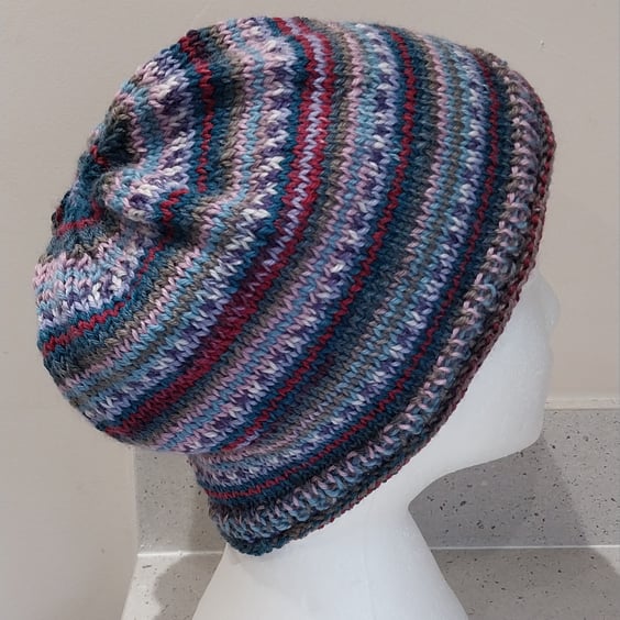 Handknit Beanie Hat 100% MERINO Stripey jacquard in purples, pastels & red Med