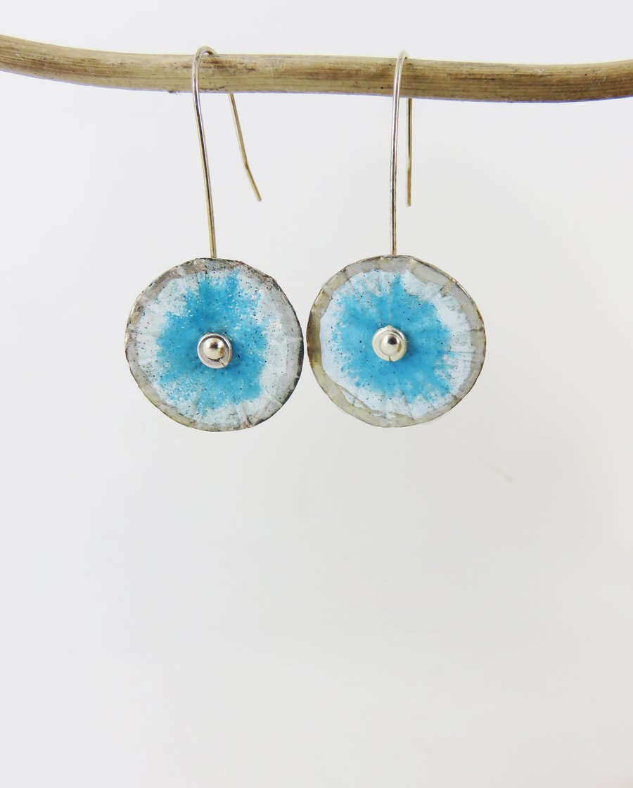 Textured Copper Dangle Earrings with White and Blue Enamel and Silver edge