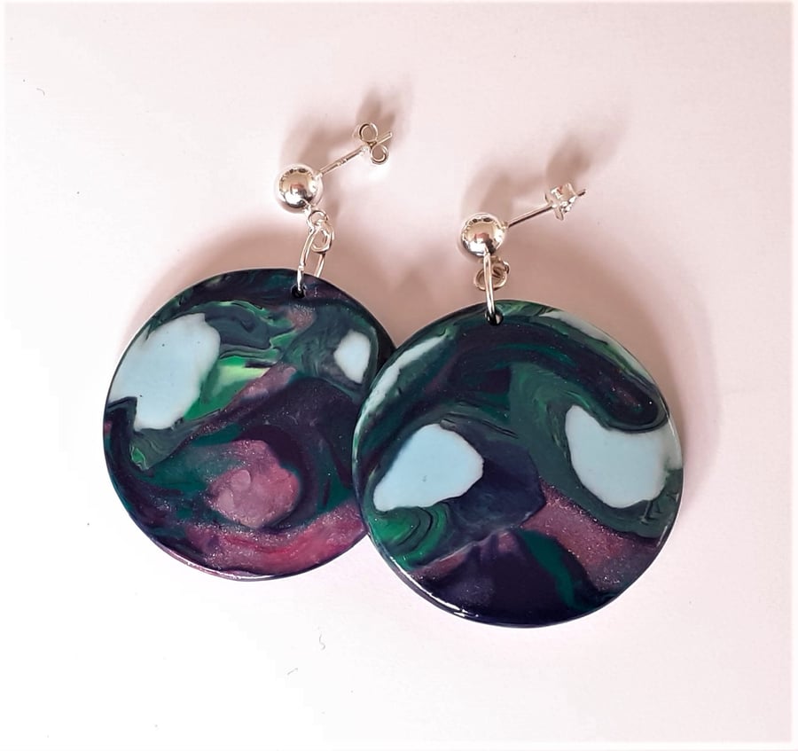 Deep blue marbled large round dangle earrings with sterling silver posts
