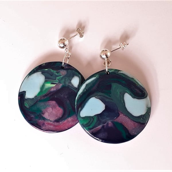 Deep blue marbled large round dangle earrings with sterling silver posts